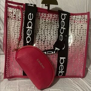 Bebe Pink and Black Logo Tote with Pouch